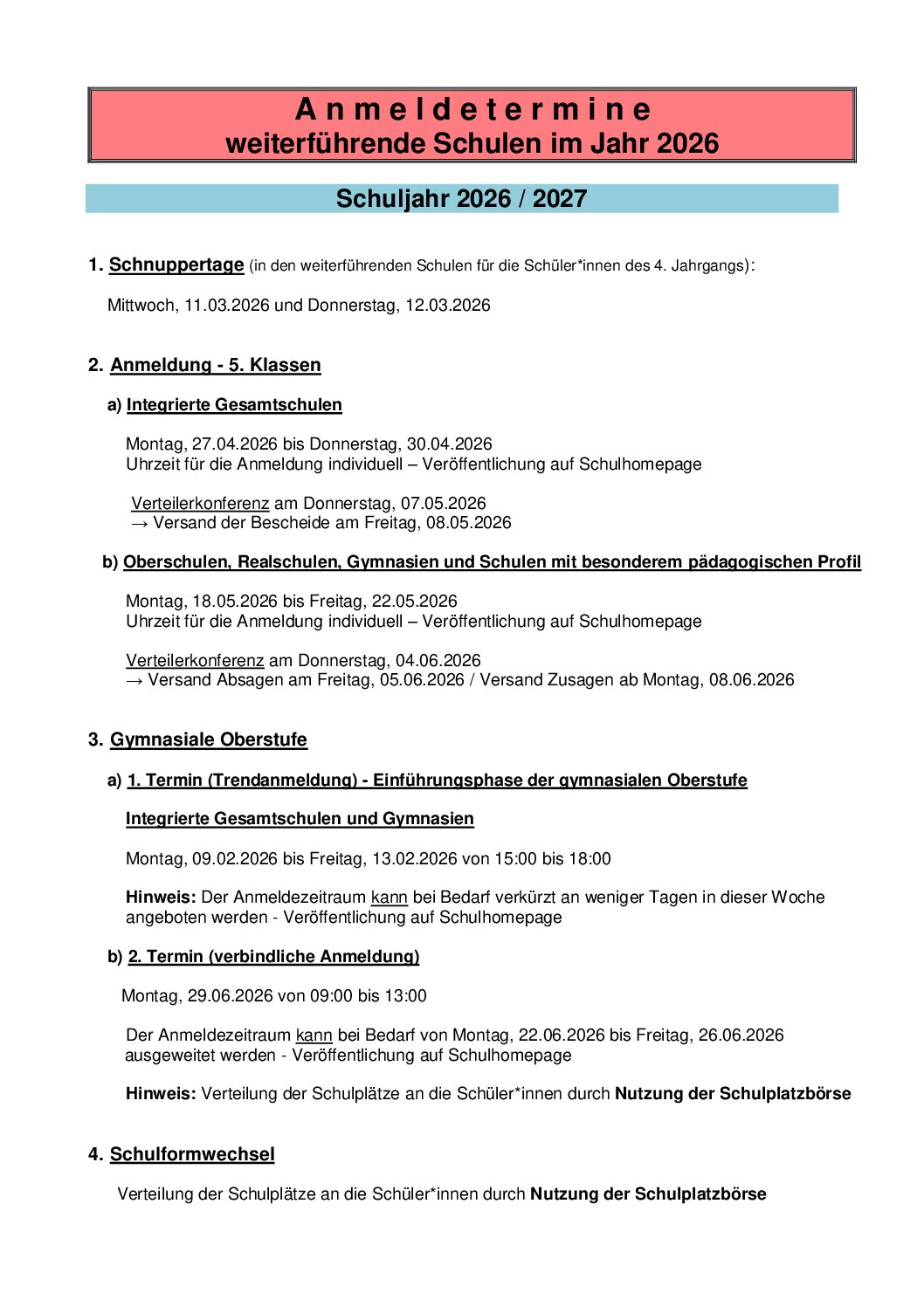 Anmeldetermine weiterführende Schulen 2026
